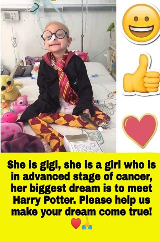 Magui_MY's tweet photo. We are looking fr #DanielRadcliffe, there is a little girl in Mexico who has cancer, today the doctors gave her mother bad news and told her that only a miracle can save her she has the dream of meeting Harry Potter please help us find him #elsueñodegigi @jk_rowling @emmawatson https://t.co/Kd3bkgPjsH