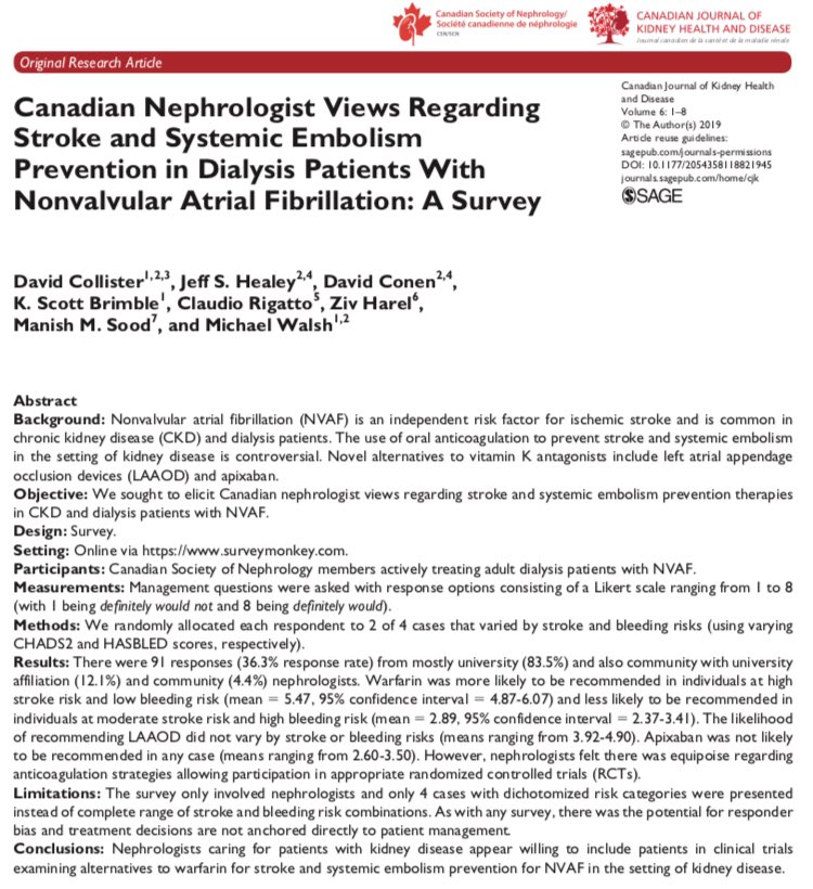 A new #CJKHD paper presents survey results suggesting that there is a willingness among Canadian #nephrologists to include patients in clinical trials examining alternatives to warfarin for stroke & systemic embolism prevention for NVAF in kidney disease
bit.ly/2M5Bprk