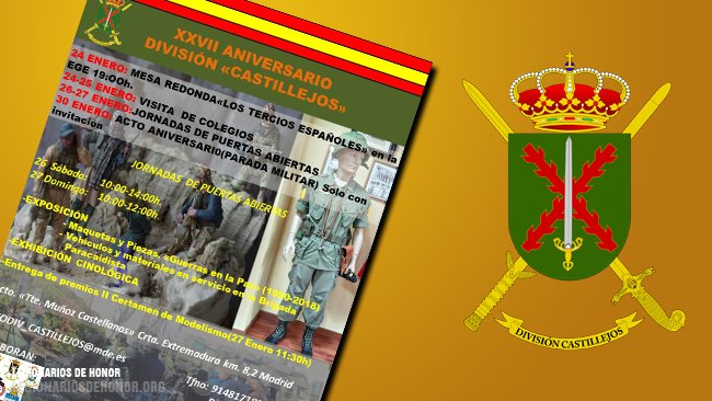 ANLH_JOMunilla's tweet photo. ✒️ XXCII ANIVERSARIO DIVISIÓN CASTILLEJOS | Tendrá lugar los días 24 a 30 del presente mes de enero en Madrid, de acuerdo con el siguiente programa de actos https://t.co/los3uNEUYj. A la Parada Militar, fijada para el día 30, solo se podrá acceder con invitación. #DIVCAS https://t.co/IHRyvdv6S4
