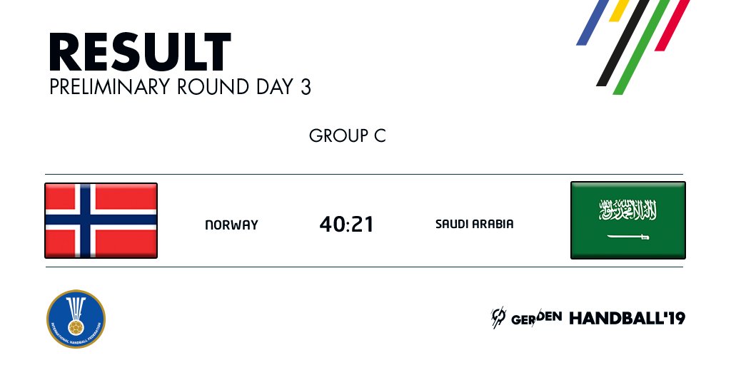 ihfhandball's tweet photo. With an impressive team performance, Norway 🇳🇴 secure their second victory at #handball19 and claim two more points after defeating Saudi Arabia 40:21 👏🏼
#GERDEN2019 #NORKSA @norhandball @sahfksa https://t.co/1ABqIt4FC6