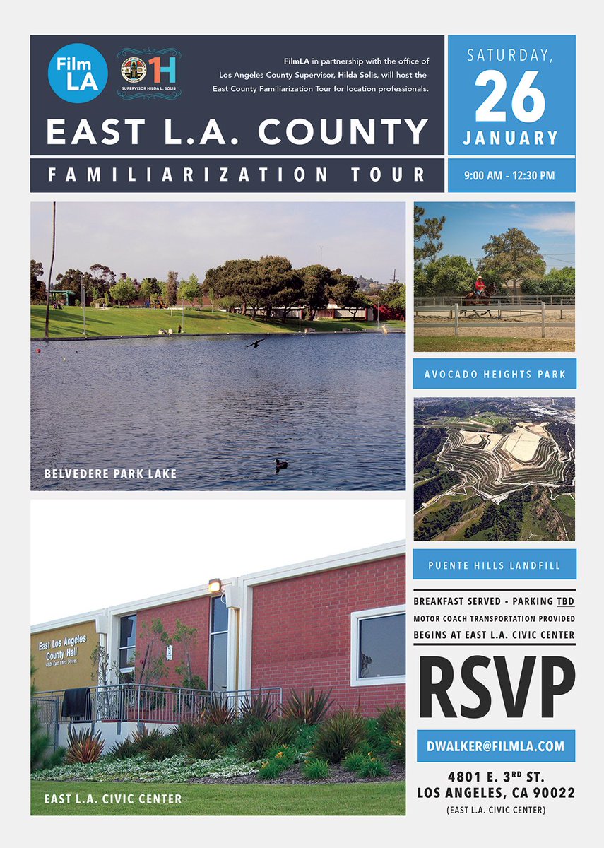 FilmLA's tweet photo. Film LA in partnership with LA County Supervisor @HildaSolis , will host the East L.A. County Familiarization Tour on 1/26/19.
Locations Pros with questions or who wish to RSVP email: dwalker@filmla.com.
#FamTours #LACounty #FilmLA #EastCounty https://t.co/hEPdJu8ogO