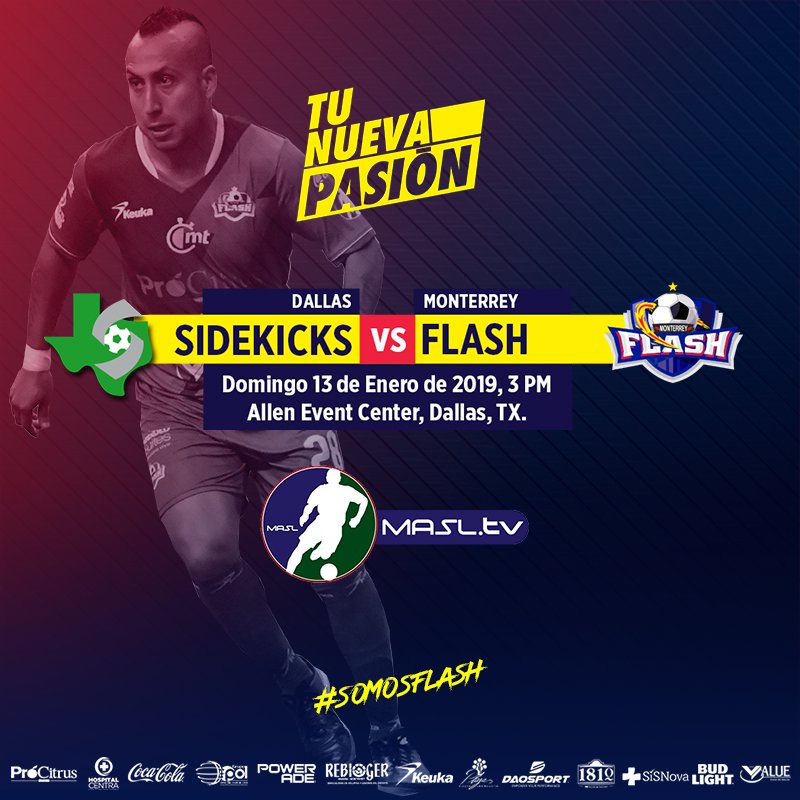 Este Domingo 13 de Enero visitamos a Dallas Sidekicks en punto de las 3 PM. Podrás verlo en vivo desde las opciones en masl.tv #SomosFlash #TuNuevaPasión