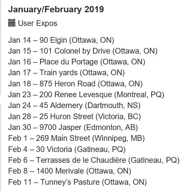 Very excited to announce our upcoming #UserExpos with #NextGenHRPay - a direct opportunity to hear from public servants as they test possible solutions &amp; share their feedback! We’ll also be raising awareness on our initiative &amp; conducting user research! First stop is Jan 14! #GOC