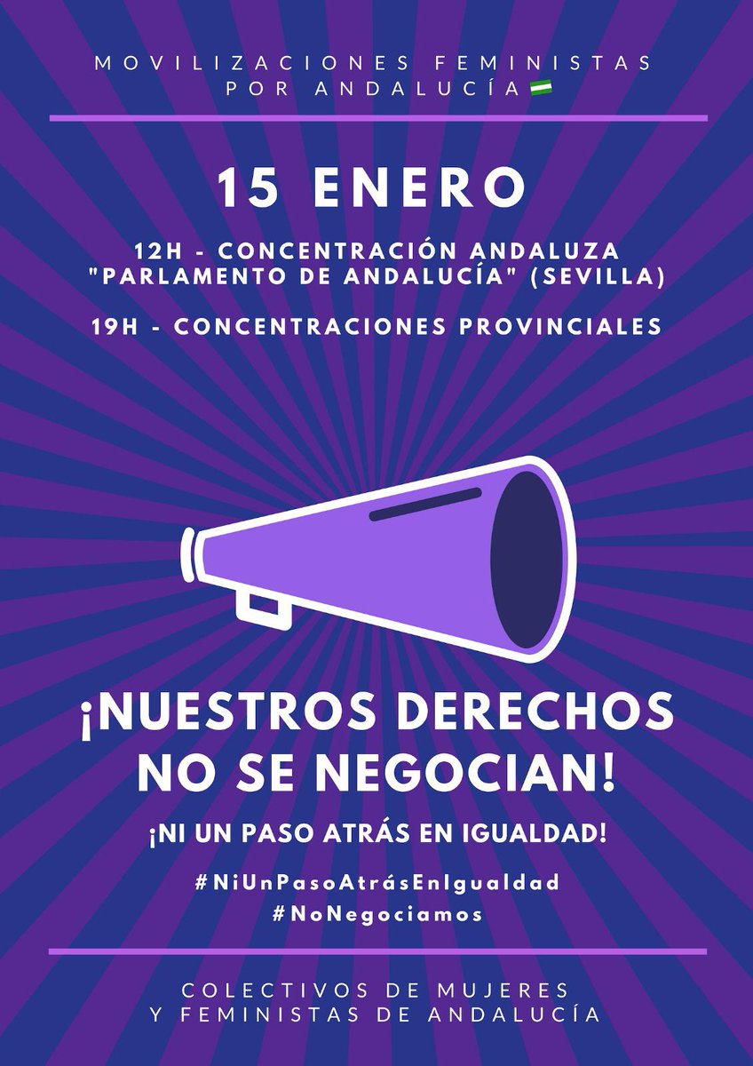 📣Las y los socialistas sevillanos nos sumamos a la Movilización Feminista por #Andalucía del próximo #15E.

🗨️ En derechos #NiUnPasoAtrás
🗨️ #NiUnPasoAtrásEnIgualdad 
🗨️ #NoNegociamos contra la igualdad