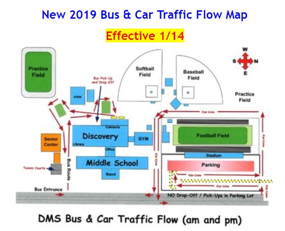 Please Note: Beginning Monday, January 14, the Bus and Car Line procedures at DMS will change. See illustration below for details.