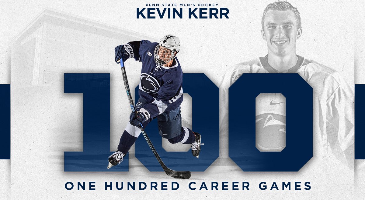 PennStateMHKY's tweet photo. Congratulations to senior alternate captain @Kevin_Kerr7 who will be skating in his 100th career game tonight!! 💯💯 #WeAre #HockeyValley https://t.co/AQJoC3sVQw