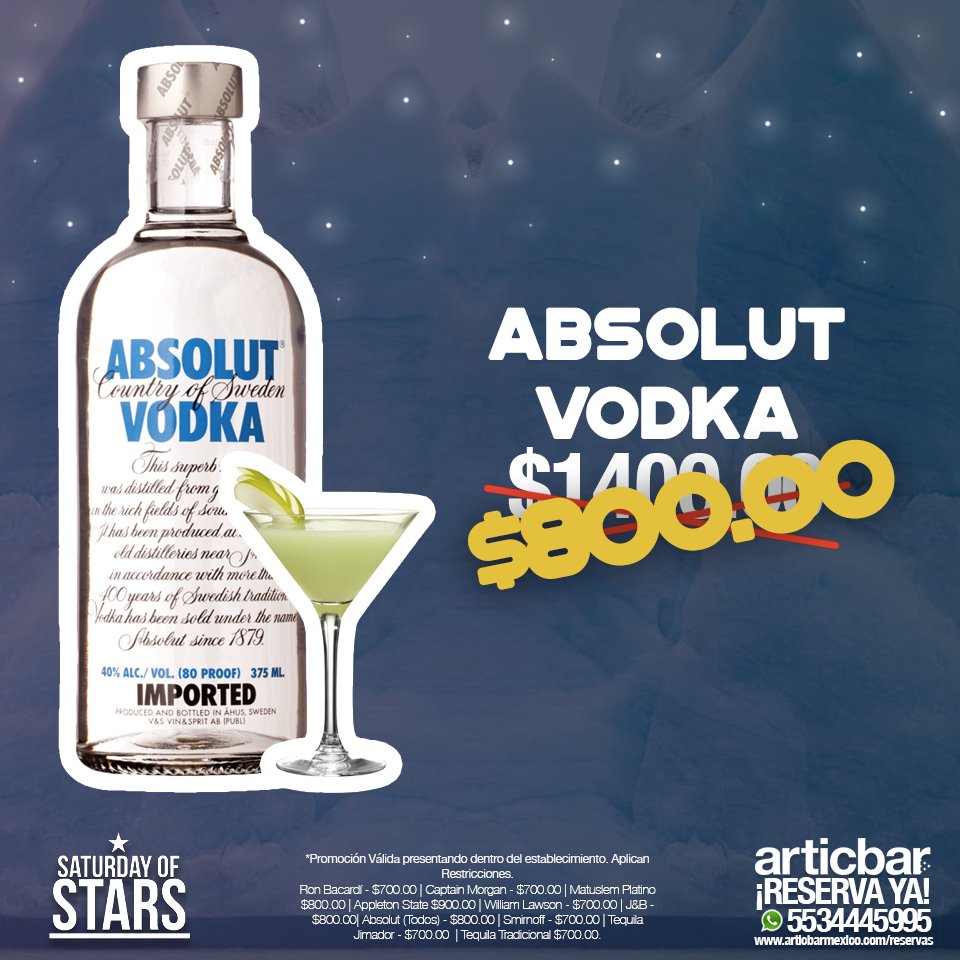 ¡#LosSábados también tenemos promociones! Si tienes tu reserva, obtén Absolut Vodka (todos los sabores) en tan solo $800.00 (incluye seis mezcladores). Si aún no lo haces lo puedes realizar por Whastapp con un solo click > goo.gl/ZY1DkF.   #BeArtic #BeCool