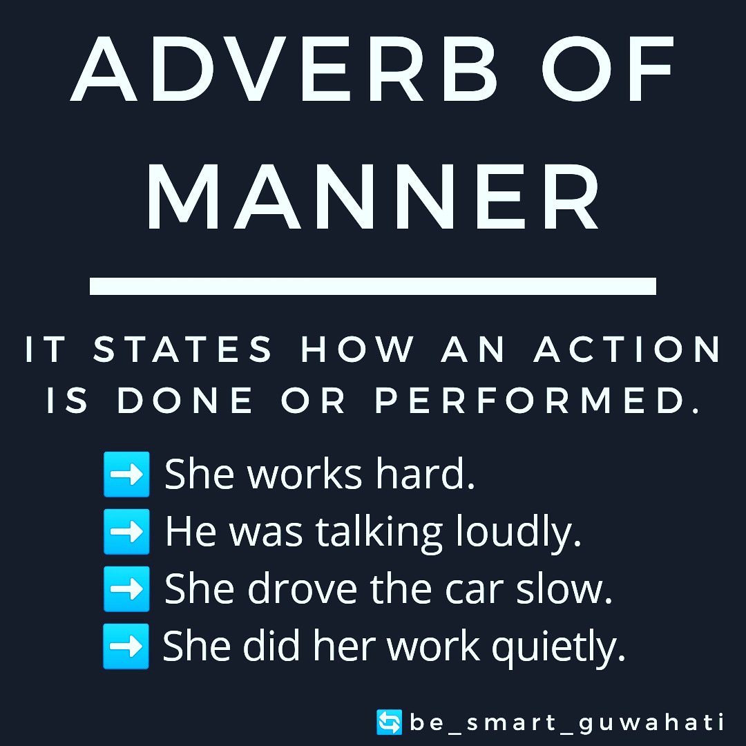 SmartTalk7's tweet photo. 📌📌📌Grammar Lesson #41 'Adverb of manner'.

Adverb of manner states how an action is done or performed.

#vocabulary #teacher #grammar #studyingenglish #englishteacher #speakingenglish #languages #learnenglishonline #english #learnenglish #language #guwahati #assam #coaching https://t.co/Wmhh9NDxj9