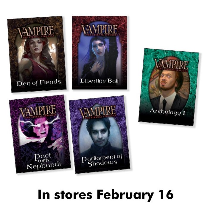 Good news! Anthology 1 will be in stores and for sale on Drivethrucards.com the same date as the four new preconstructed decks: February 16. Full content is listed at blackchantry.com/products/produ…