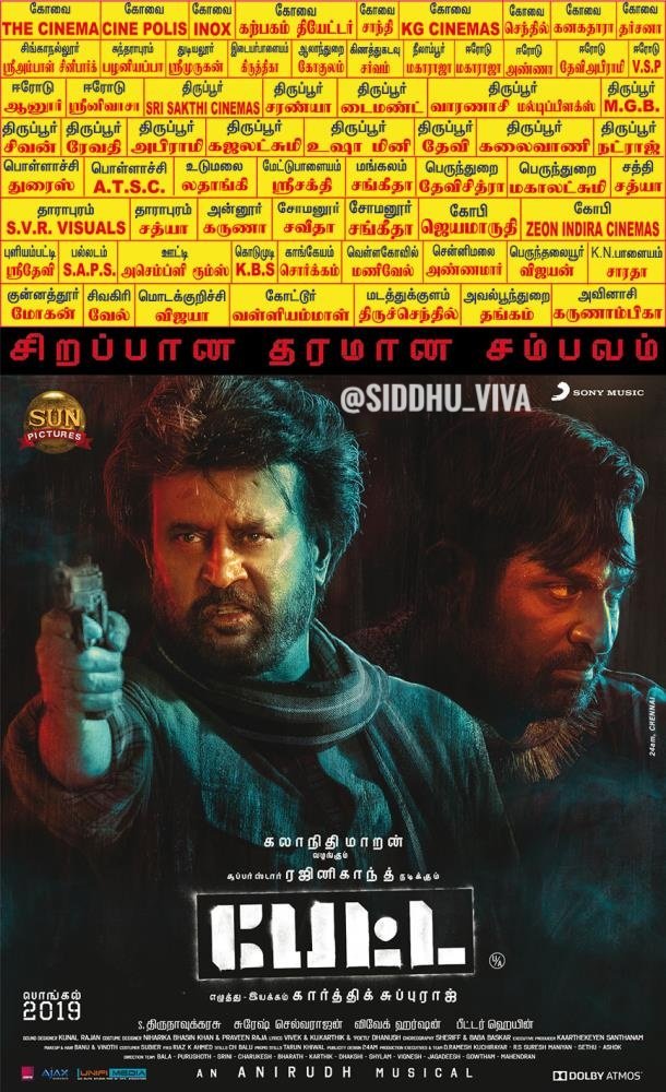 siddhu_viva's tweet photo. #Pongal2019 long weekend schedule
#Petta in #Erode
@MaharajaMplex
13th-17shws
14th-16shws
15th-16shws
16th-13shws
17th-8shws
#VSP
13to16th- 5shws
17th-4 shws
#Anna #DeviAbirami #Aanoor Srinivasa
13to17th-4 shws
#SuperstarRajinikanth
#PettaParaak #GetRajinified https://t.co/hI5icgVZLJ