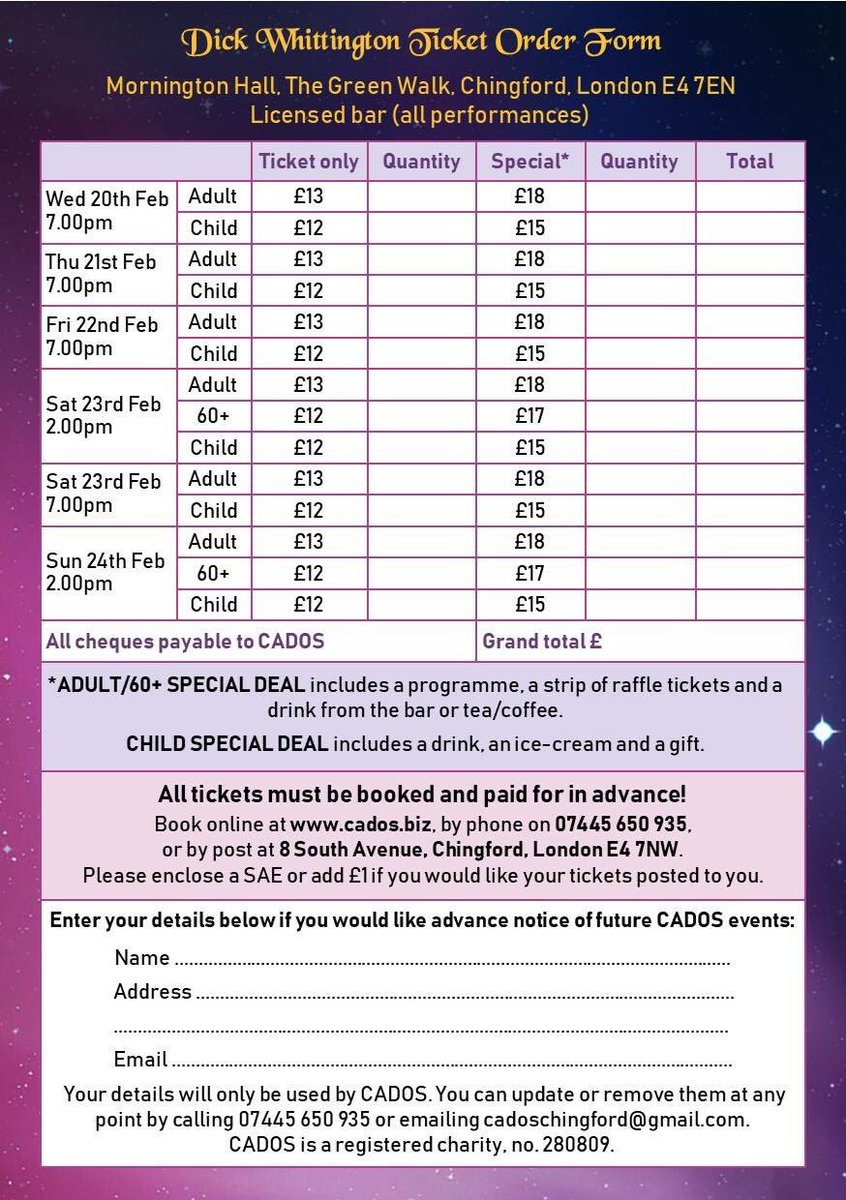 Tix now available for Dick Whittington, 20-24th Feb at Mornington Hall, Chingford! See attached photos for ticket purchase info...see you there!