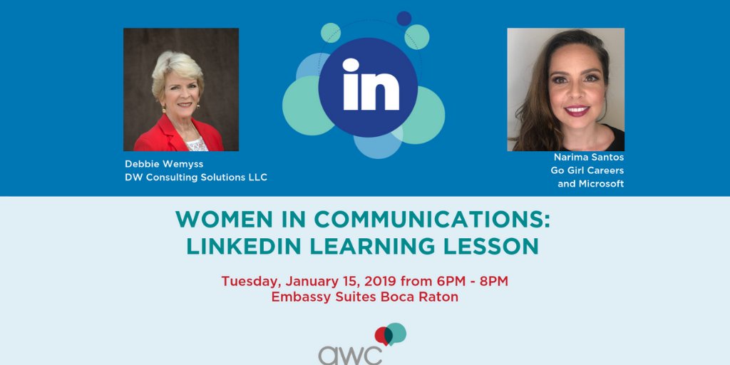 awcsf's tweet photo. Register NOW for #WomenInCommunications #LinkedinLearningLesson w/ @NariSantos @WemyssD ,Tues. Jan 15 frm 6PM-8PM at @EmbassySuites #BocaRaton. Register online $10 at the door $20 https://t.co/Mhi0sdpqsK #awcsftalktales #AWCSF #LinkedIn #education #Boca #womenentrepreneur π https://t.co/ZvVIX5SEkd