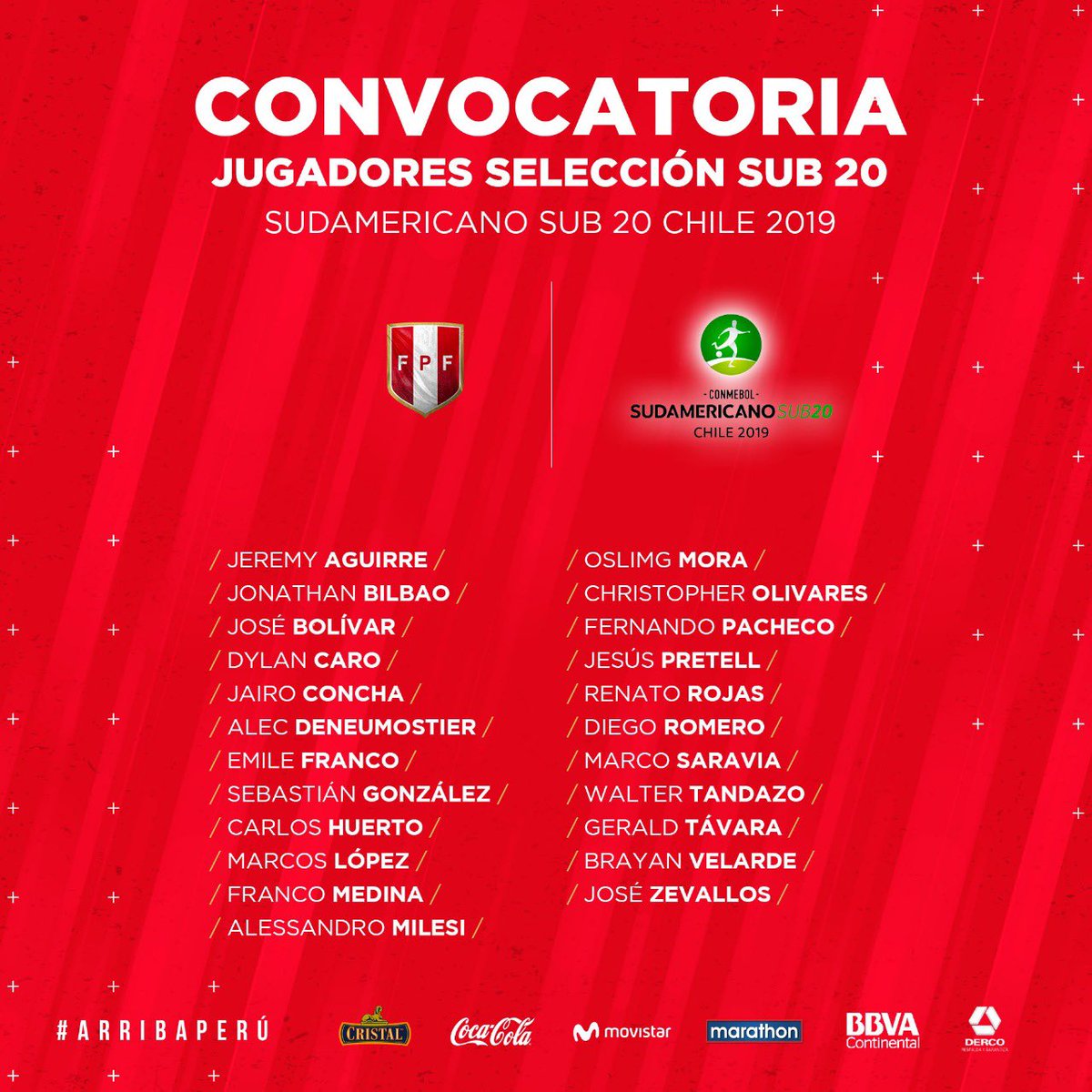 SeleccionPeru's tweet image. Anunciamos la lista oficial de convocados de la @SeleccionPeru  Sub 20 🇵🇪 para el @Sub20Chile2019 🇨🇱.

#ArribaPerú