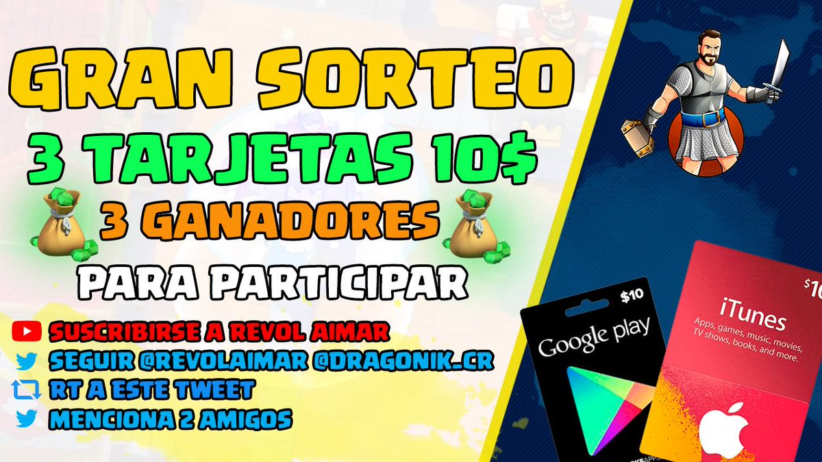 🎊GRAN SORTEO🎊
💲30$ Americanos💲
💸3 Tarjetas/3 Ganadores💸
🐎Para Participar:
1⃣Suscríbete a mi canal de Youtube!
2⃣Seguir en Twitter: <a href="/ReVoLAimaR/">RevolAimar</a> y @Dragonik_CR 
3⃣RT a este Tweet y menciona 2 amigos o enemigos, lo que prefieras👀
📹youtube.com/c/RevolAimar
