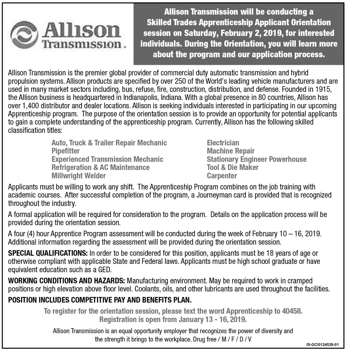 AllisonTrans's tweet photo. Allison Transmission has opportunities for a Skilled Trades Apprenticeship.
#Indianapolis #SkilledTrades https://t.co/Reqaaf3e3z