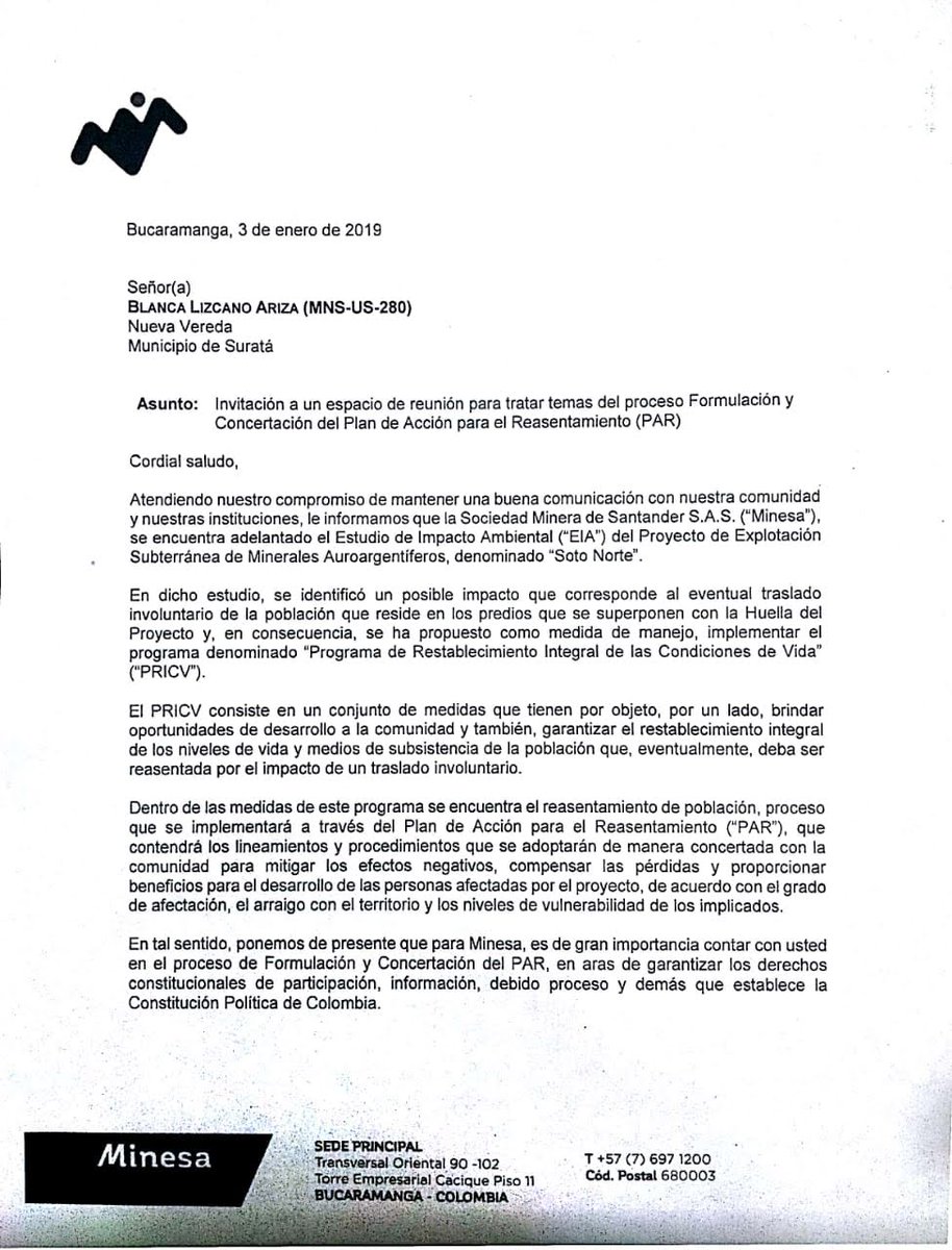 ComiteSanturban's tweet photo. #DENUNCIA
Multinacional árabe Minesa cita a población de Suratá y California para tratar el "Plan de acción para el reasentamiento" que no es otra cosa que un #Desalojo. Invitamos a la ciudadanía a estar alerta para exigirle a @ANLA_Col niegue la licencia a este nefasto proyecto https://t.co/dGPHv0R4jc