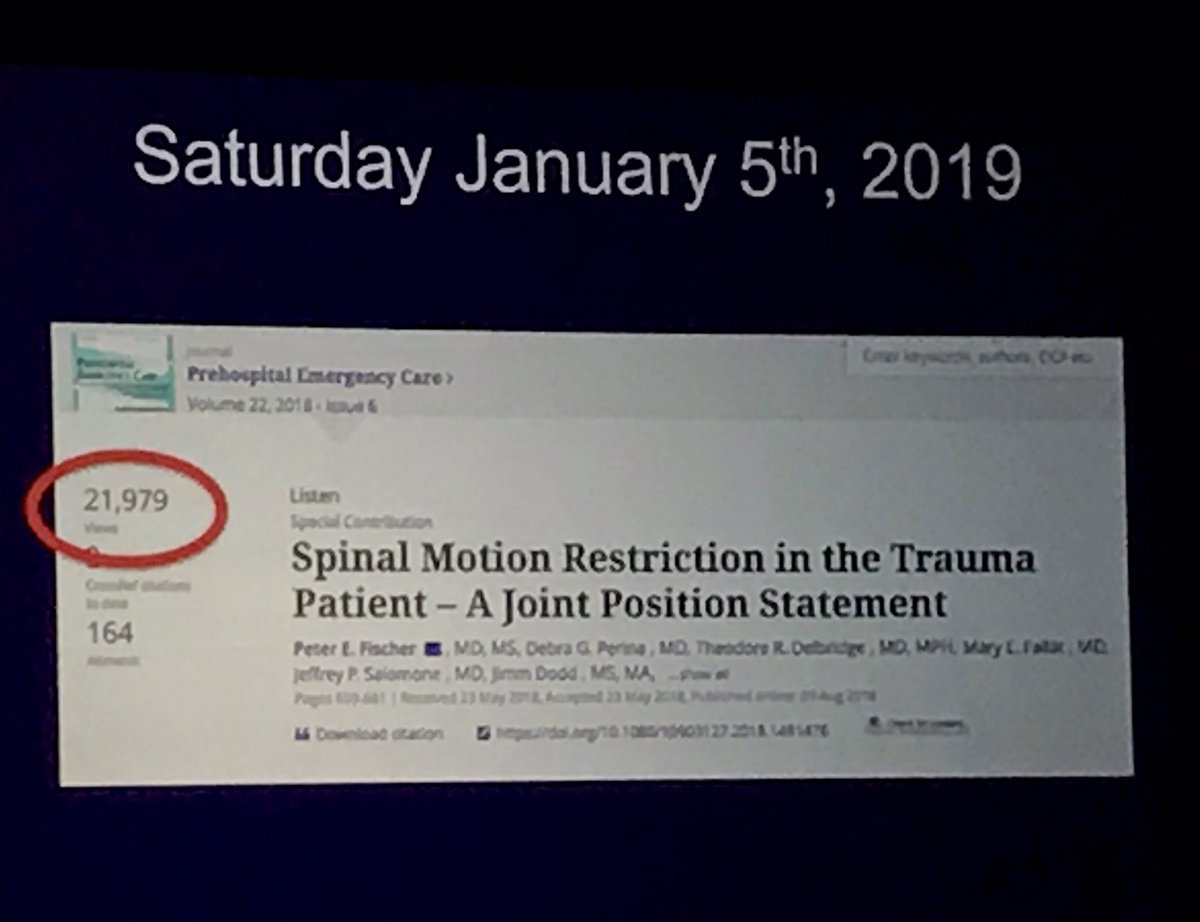 txnaemsp's tweet photo. Published in the last half of the year and yet still the most downloaded article of the entire T&F library of over 200 journals for the year. @NAEMSP #NAEMSP2019 #spinalmotionrestriction #ems #paramedic #prehospital https://t.co/KdJot2Has5