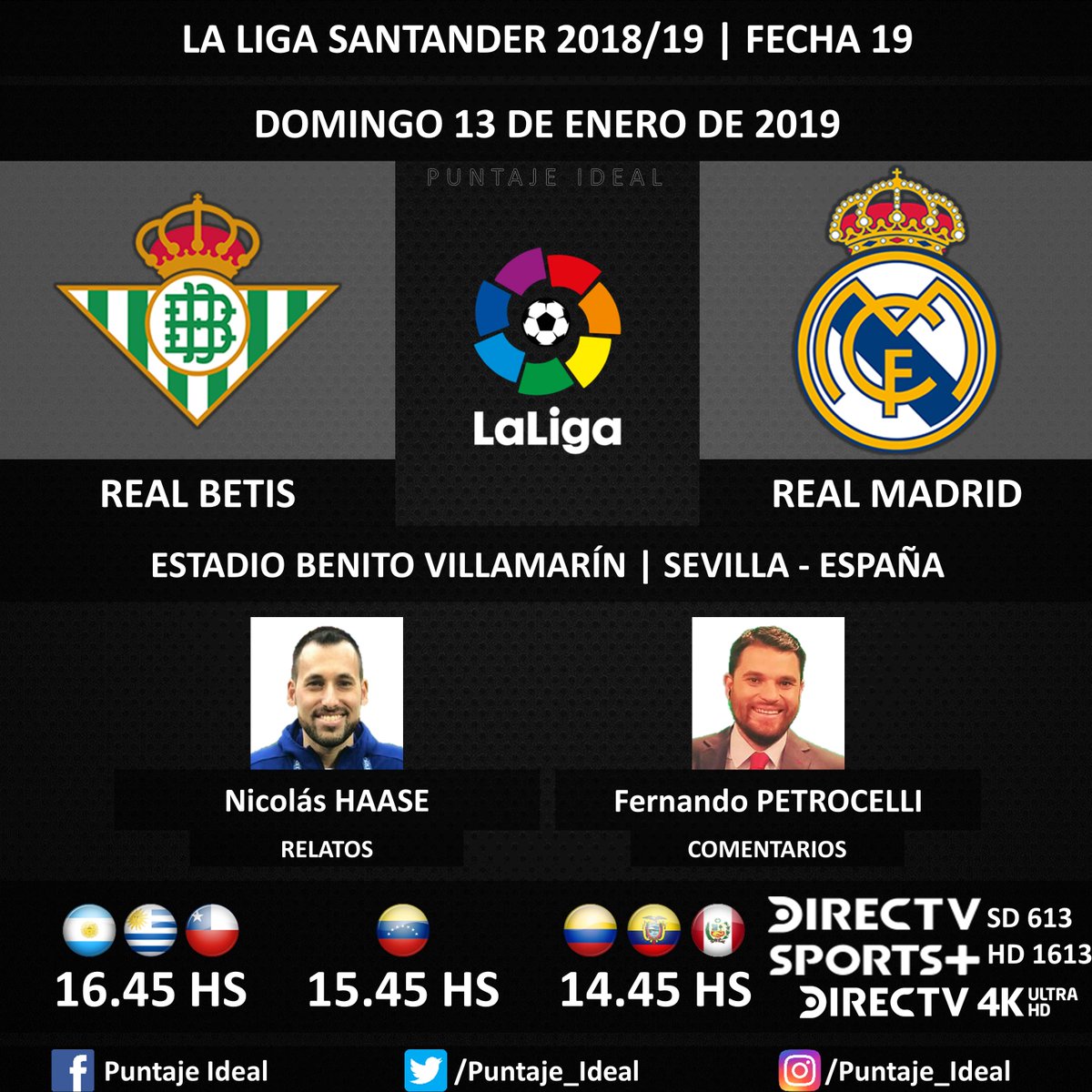 ⚽ #FútbolEnDIRECTV | #RealBetis vs. #RealMadrid
🎙 Relatos: @haasenico
🎙 Comentarios: @fpetrocelli
📺 TV: @DIRECTVSports Sudamérica (610 - 1610 HD) - #Torneos
📺 TV: #DIRECTV 4K Ultra HS (4000)
🤳 #SoySportista - #LaLiga 🇪🇸 - #RealBetisRealMadrid
Dale RT 🔃