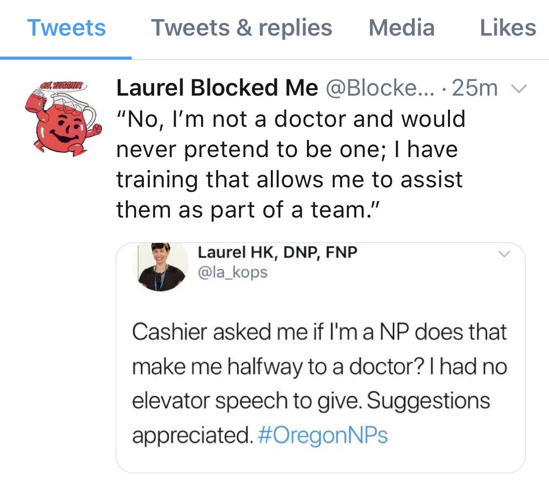 RBlockMD's tweet photo. @BlockedbyLaurel Proud to be blocked by laurel. We choose #oregonNPs supervised. #npslead with quality when in physician led teams. https://t.co/Uy3WfxQQkM