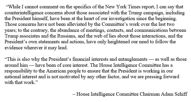 SenAdamSchiff's tweet photo. Counterintelligence concerns about those associated with the Trump campaign, including the President himself, have been at the heart of our investigation since the start.

The American people need to know the President is working in our national interest, and for no other end. https://t.co/rzBjQheXP0