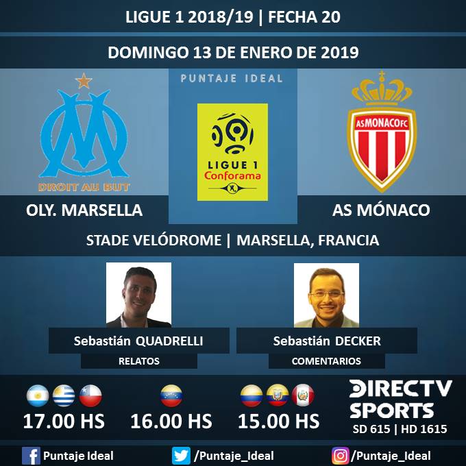 ⚽ #FútbolEnDIRECTV | #OlympiqueMarsella vs. #ASMónaco
🎙 Relatos: @SebaQuadrelli
🎙 Comentarios: @SebasDecker
📺 TV: @DIRECTVSports Sudamérica (615 - 1615 HD) - #Torneos
🤳 #SoySportista - #Ligue1 🇫🇷 - #OMASM
Dale RT 🔃
