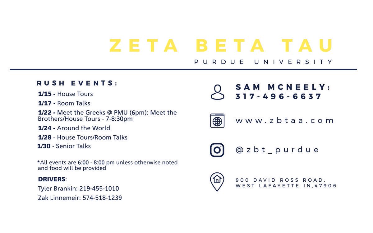 ZBTPurdueAA's tweet photo. A few changes to the rush schedule, hope to see you at our remaining events! https://t.co/IXd92Kwjrq