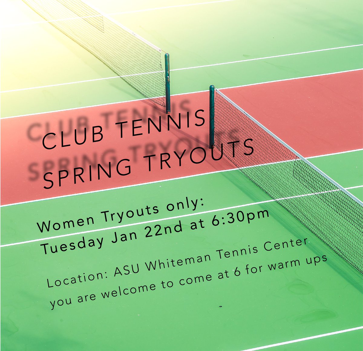 ASUClubTennis's tweet image. TRYOUTS IN TWO WEEKS!!🎾🎾🎾🎾🎾Come join us at the Whiteman Tennis Center!!! For more information visit our website

#tennis #springtryouts #arizonastateuniversity #clubtennis