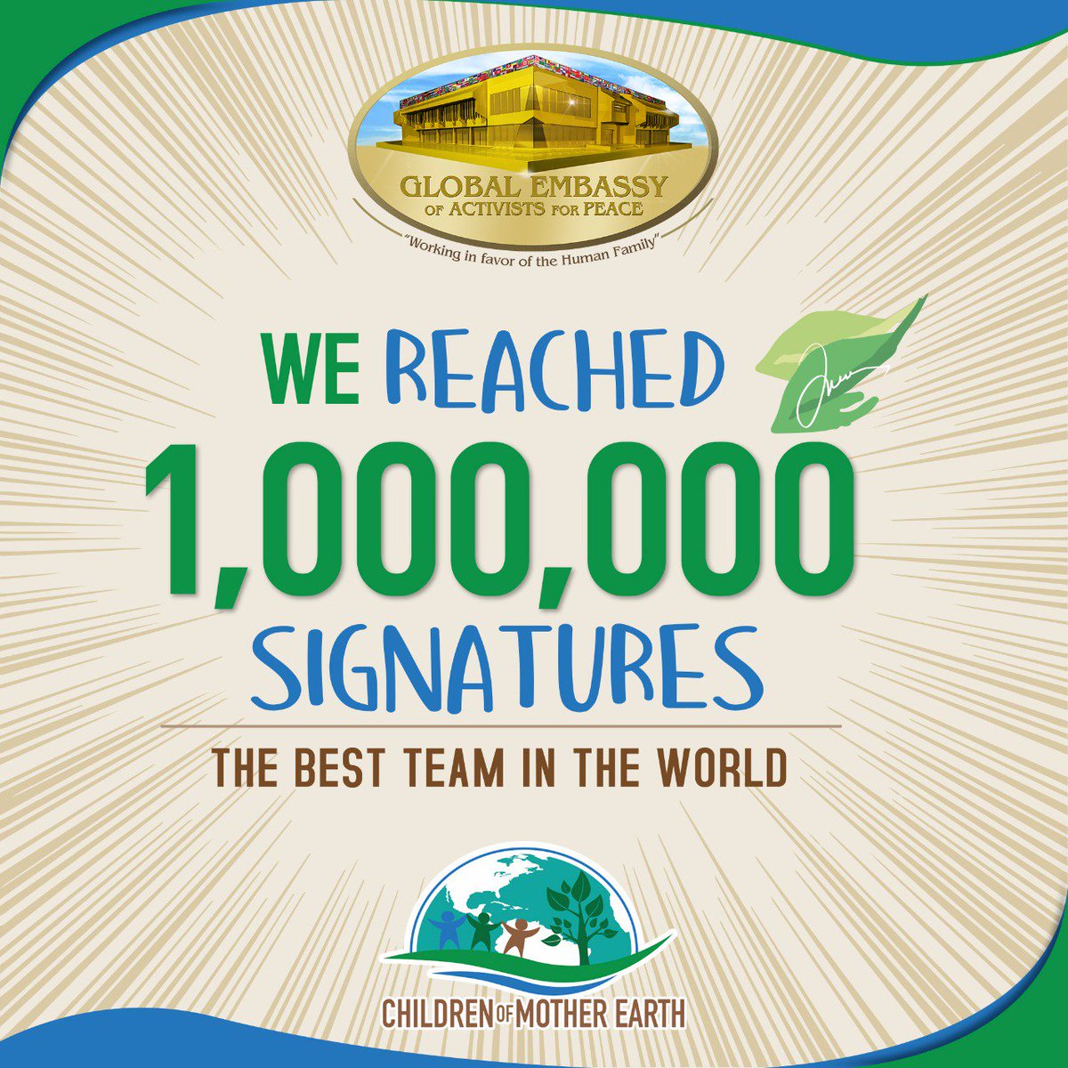 globalembpeace's tweet photo. It is time to thank the million citizens who supported the initiative to recognize Mother Earth as a living being with their signature. Thanks to all the volunteers who took to the streets to share this project. A million thanks! #SignatureMarathonForMotherEarth https://t.co/PCzTg1NPLa