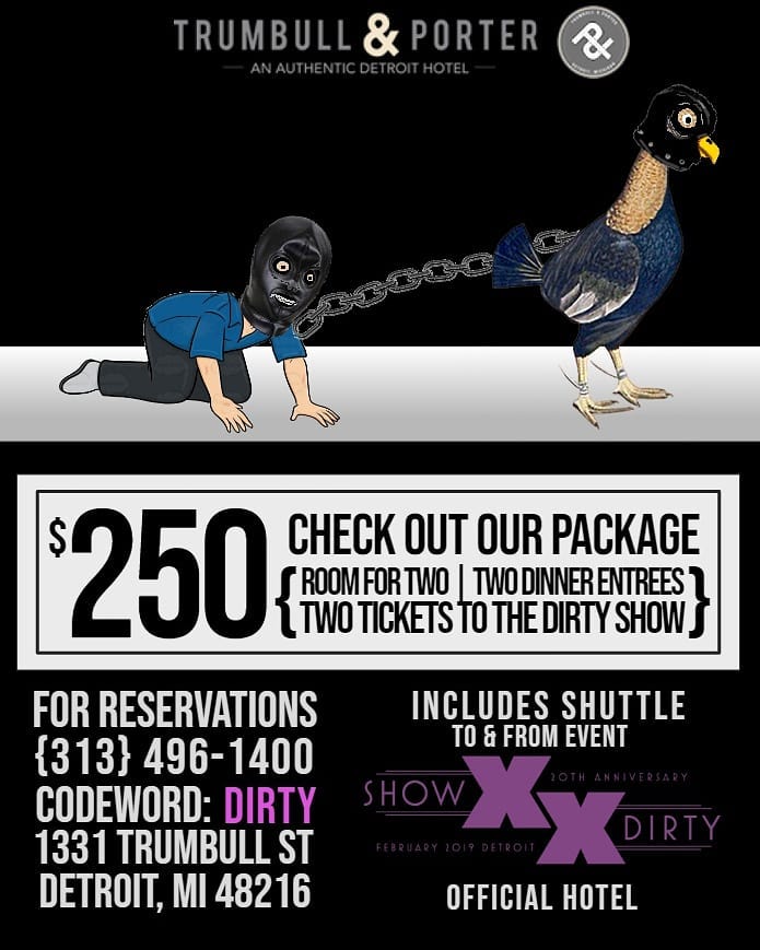 TrumbullPorterD's tweet photo. Are you feeling dirty? If so, then you'll want to take a look at our specials page to see our exclusive partnership with The Dirty Show. You know, we had you in mind when we created it. Stop what you're doing and get your package! #dirtydetroit #istayevenwhenigo https://t.co/GS1WBYolFy