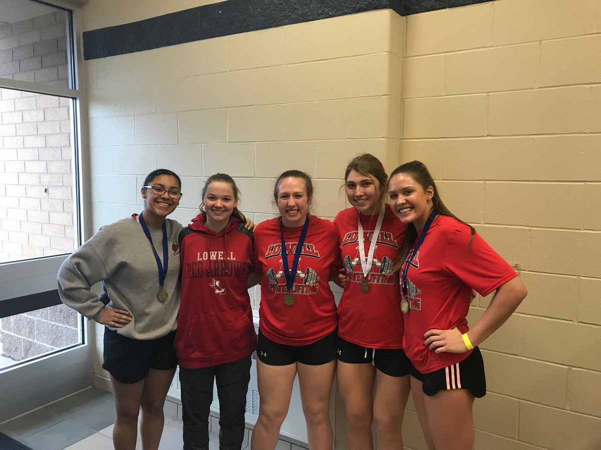LiftingLowell's tweet photo. Great job by the Lowell Red Arrow Varsity Powerlifting Teams today. The following lifters placed Top 3 in their weight classes:

Ella Dougherty 1st
Carly Hoekstra 1st
Tyler Pitcher 2nd
Savanah Crace 3rd
Carlos Campos 3rd

All of our lifters did a great job today! #GoRedArrows https://t.co/nN4uENry7K