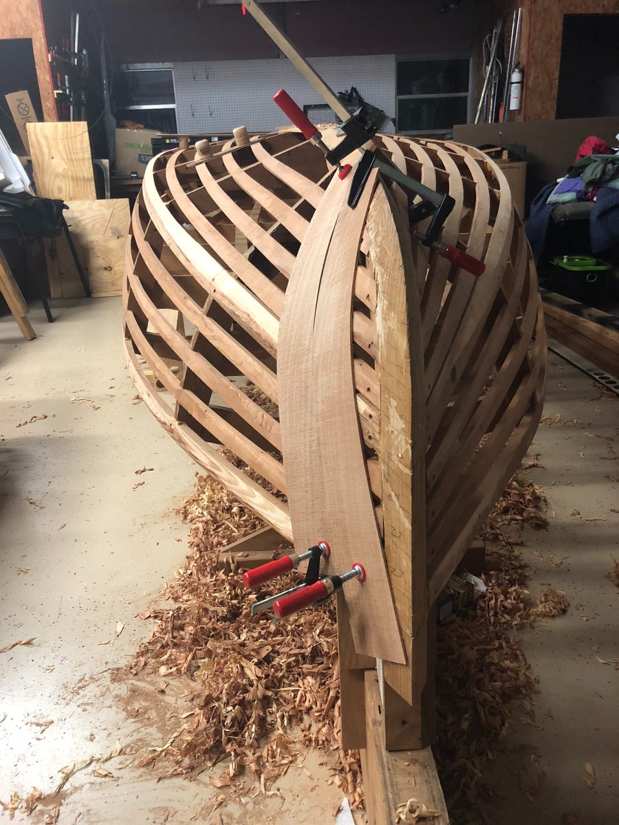 CajunTrippers's tweet photo. Since we are anchored for now, I continue to work on "the project". Am ready for inner layer of diagonal  planking. Headed to New Orleans this week to pick up lumber. #woodenboat #boating #boatbuilding #boatbuilder #boatdesign #Carpenter #carpentry #finewoodworking #woodworking https://t.co/QxqToayEwl