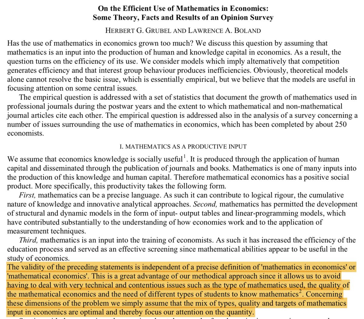 NGruen1's tweet image. Delicious illustration of economists asking whether economics is too mathematised using a methodology which is … well mathematised

#BeggingTheQuestion