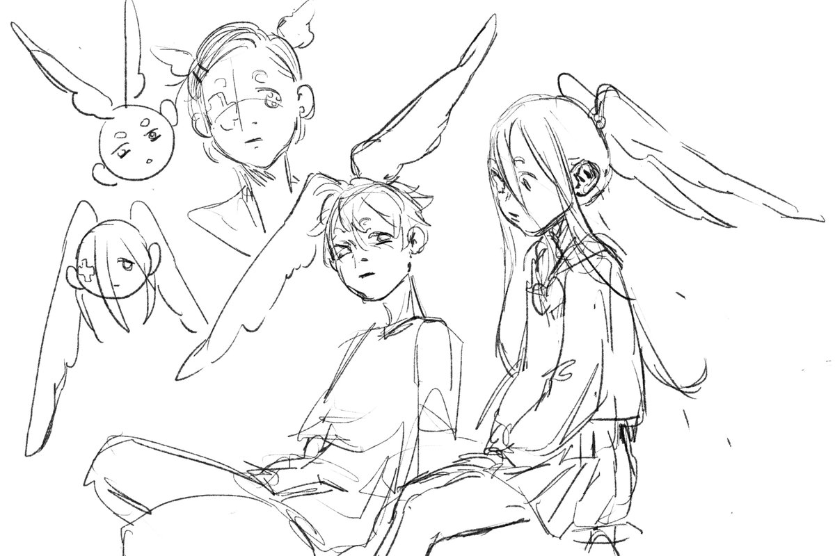 I was wondering what the strange kids would look like if their hair wings grew out and...they kind of...just look like weird rabbit people which I'm ok with. Also I really should name them they're like 4 yo already I think. 