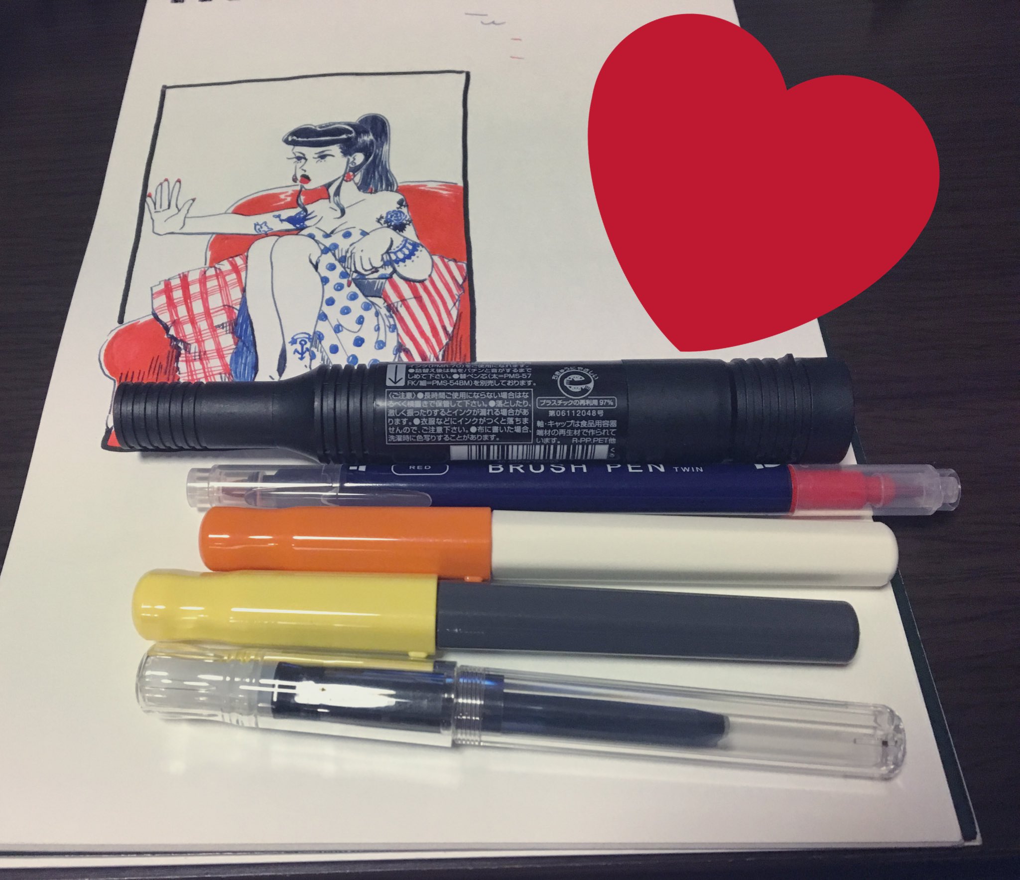 تويتر エンドーハイロウ イラストレーター على تويتر カクノがたのしー 今日インク2色追加しました カクノ三色 ブルーブラック レッド ブルー ダイソーのカリグラフィーマーカー プロッキーで描きました イラスト ペン画 ロカビリー 創作 お