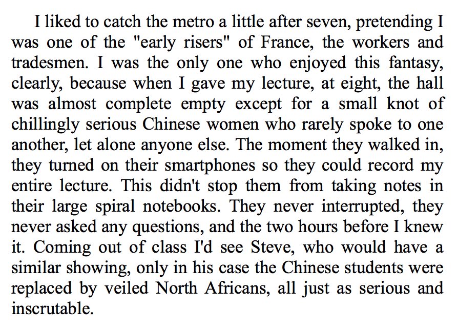 lol, Houellebecq immediately makes the same point, compressing three examples into one page. As soon as his (French) narrator reaches full professor, he collapses all his lectures into one day.As he teaches second-year students literature, Steve teaches first-years: