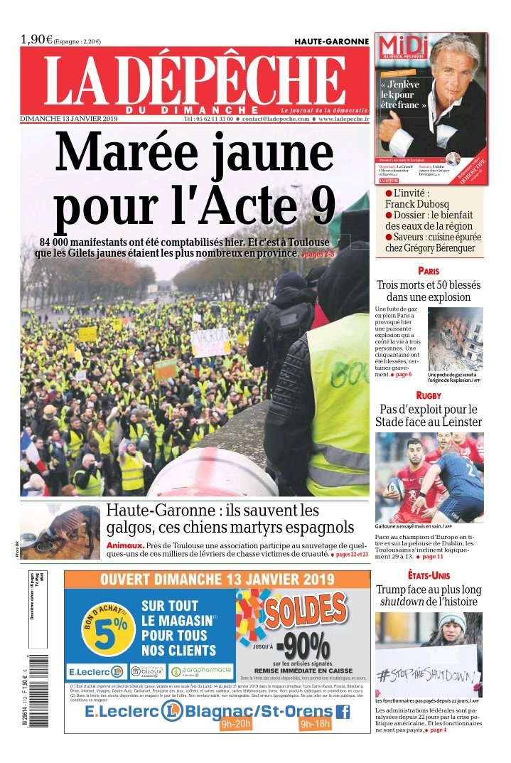 Brevesdepresse's tweet photo. ⚡🇫🇷INFO - Les #Giletsjaunes sont à la une de plusieurs journaux locaux ce matin. Une mobilisation en hausse dans l'Hexagone pour l'acte 9, avec au moins 93.000 manifestants (décompte réalisé par Franceinfo dans 73 villes) contre 50.000 le samedi précédent. https://t.co/fCfCEJsxSt
