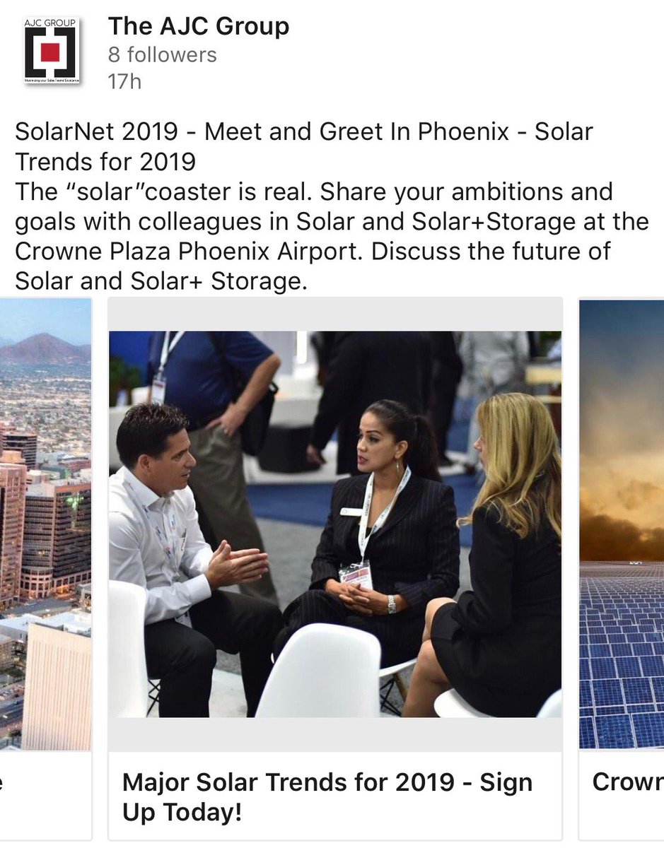 AnthonyJConklin's tweet image. .Meet and Greet In Phoenix - #Solar Trends for 2019. Share your ambitions and goals with colleagues in Solar at the Crowne Plaza #Phoenix Airport. 6pm-8pm #SolarNet 2019 #seia #solarpower #solarenergy