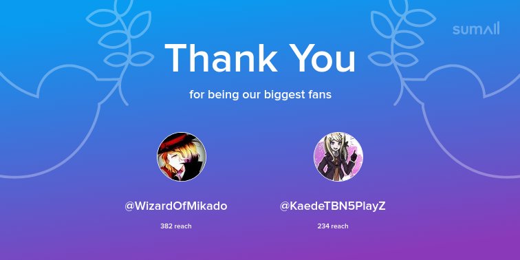 Our biggest fans this week: @WizardOfMikado, @KaedeTBN5PlayZ. Thank you! via sumall.com/thankyou?utm_s…