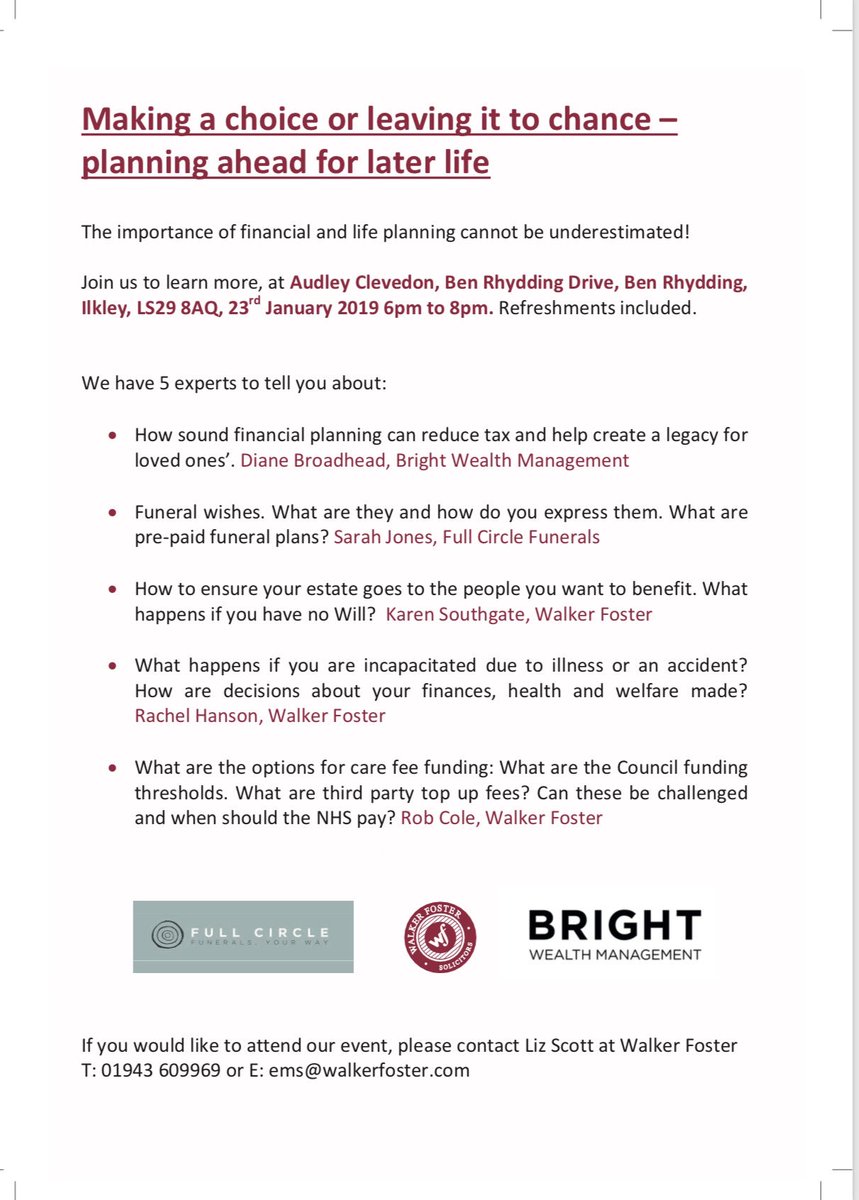 Why should we spend time on #life &amp; #financial #planning issues? Join us 23/1/2019 to learn more from our 5 #expert speakers. interested? Contact, Liz Scott by e mail ems@walkerfoster.com