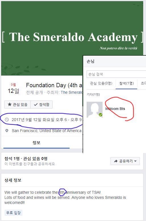 12 September 2017Pada hari itu The Smeraldo Academy mengumumkan bahwa itu adalah ulang tahun ke4 mereka. Pada tanggal 12Sept2013, blog tsb resmi didirikan.12 Sept adalah ulang tahun member resmi pertama milik BTS; Kim Namjoon.