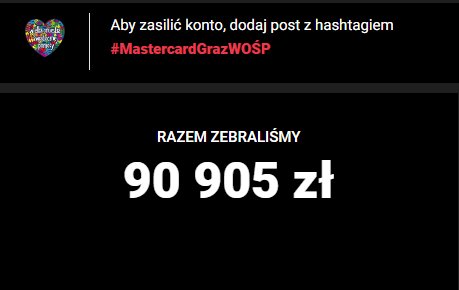 MastercardPL's tweet image. Nie zmniejszamy tempa, wręcz przeciwnie! Już ponad 90 tysięcy złotych dla @fundacjawosp zebrane dzięki Waszym tweetom na #MastercardGraZWOŚP! Jesteście super, prosimy o więcej! ❤️❤️❤️
(1 tweet lub retweet to 5 PLN dla Fundacji, liczy się i z &quot;S&quot;, i z &quot;Ś&quot;).