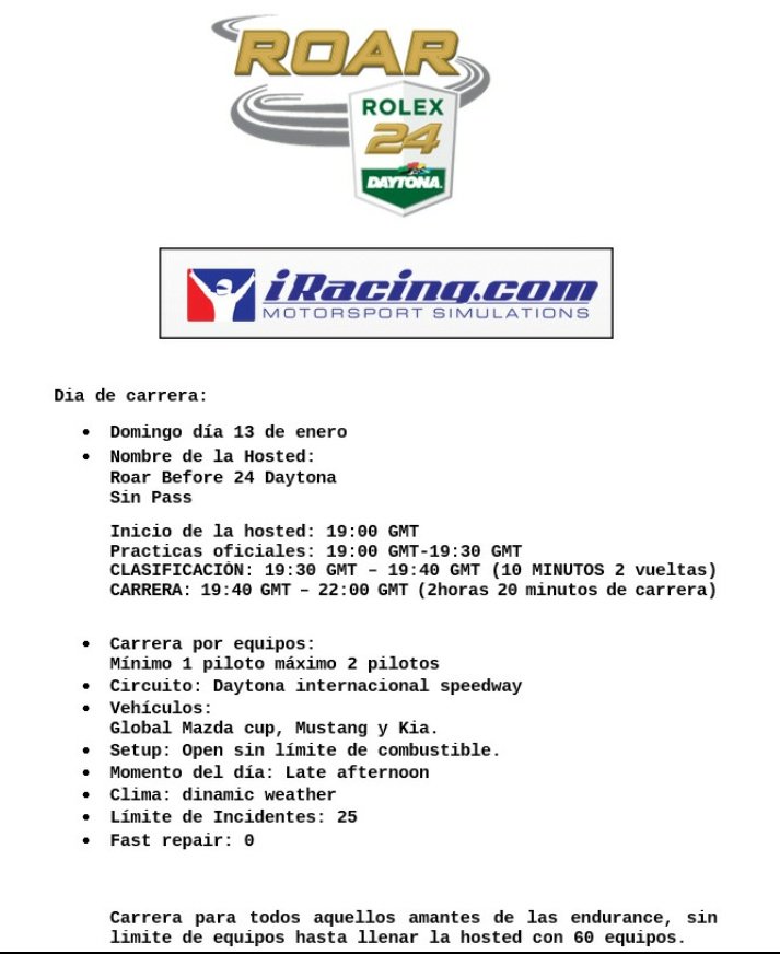 Recordaros que hoy a partir de las 19:00 GMT (20:00 hora española) tenemos nuestra Roar Before Daytona
Os esperamos!!!!
