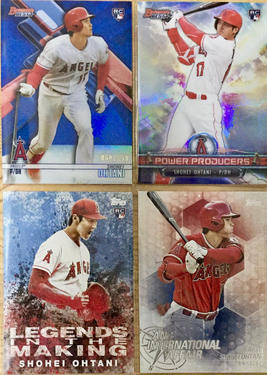 s111222y's tweet photo. 先日の福パックから出たボックス引き換え券を交換したついでに、Bowman's BESTを購入（笑）

大谷はシリアル含む4枚ゲット(^^)v

オートはヤンキース期待の4刀流捕手、シーグラーのレデ含むこの4枚でした(^^)

#topps
#大谷翔平
#ShoheiOhtani 
#AnthonySeigler
#ColeWinn
#ClintFrazier
#ConnorScott https://t.co/TNOmXHhYG7