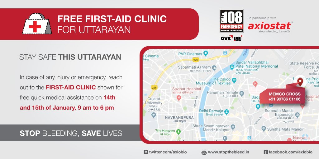 axiobio's tweet photo. Free #FirstAidClinic for #Uttarayan.
In case of any injury or emergency, reach out to the #FirstAid Clinic shown in the picture below for free quick medical assistance on 14th & 15th of Jan 9 AM to 6 PM.
#StopBleeding #SaveLives #SafeUttarayan https://t.co/jAlzK1mox0