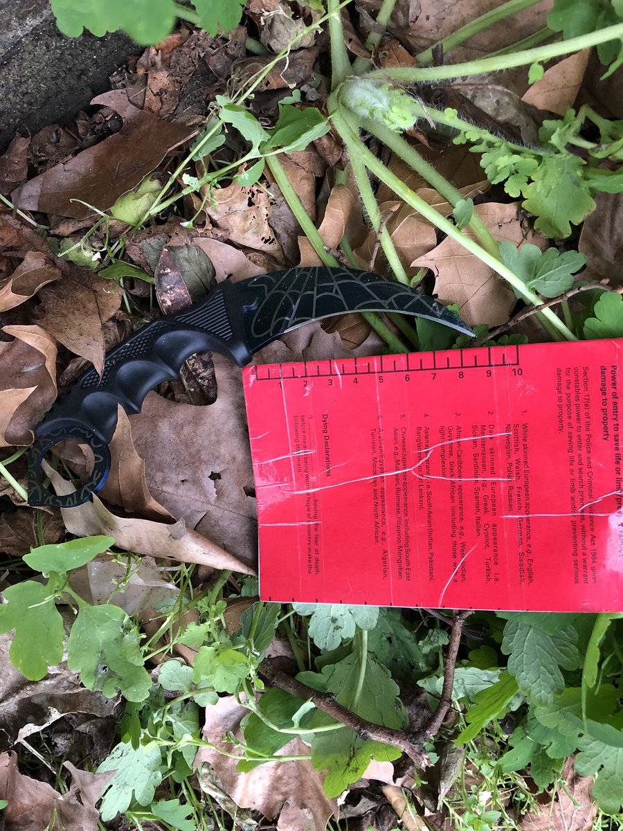 Resident this morning pointed out an area that may be of interest to us - and they were right! Found this horrible looking #knife in the foliage! Now seized for forensics and #destruction 😊

#WorkingTogether
#Community
#YouSaidWeDid
#NoToKnives