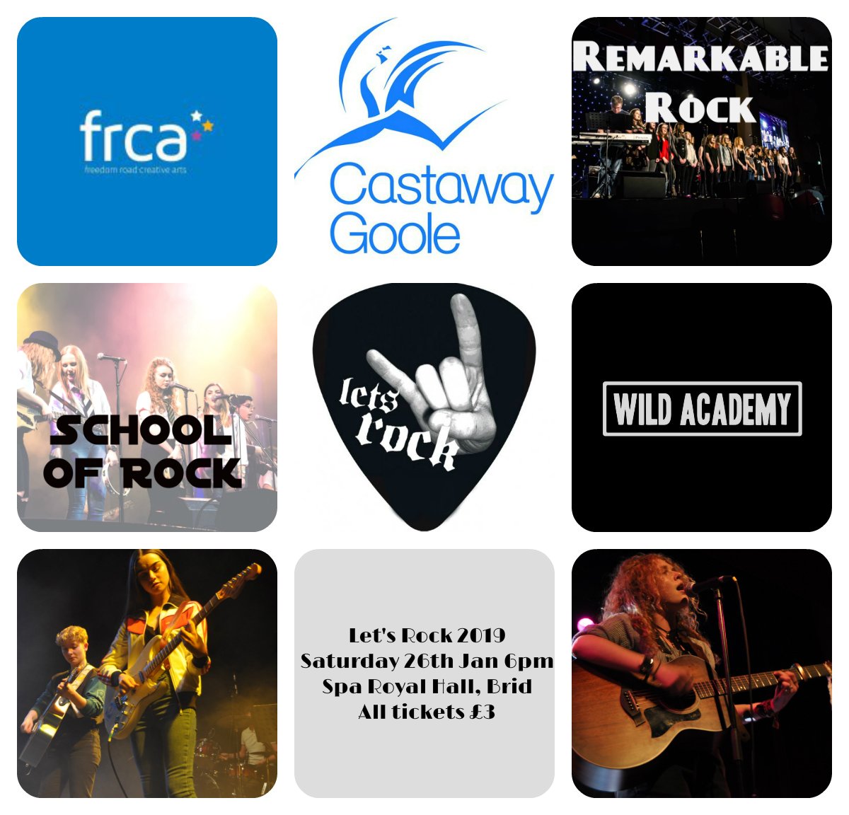 The line up for @LetsRock2019 confirmed. Excited to welcome back our partners in Hull &amp; Goole - <a href="/FRCArts/">Freedom Road Arts</a> <a href="/castawaygoole/">Castaway Music Theatre</a> @junction_goole - and very excited to welcome the fantastic <a href="/WildAcademyBand/">Wild Academy</a> Grab a ticket from <a href="/bridspa/">Bridlington Spa</a> - they're just 3 quid!