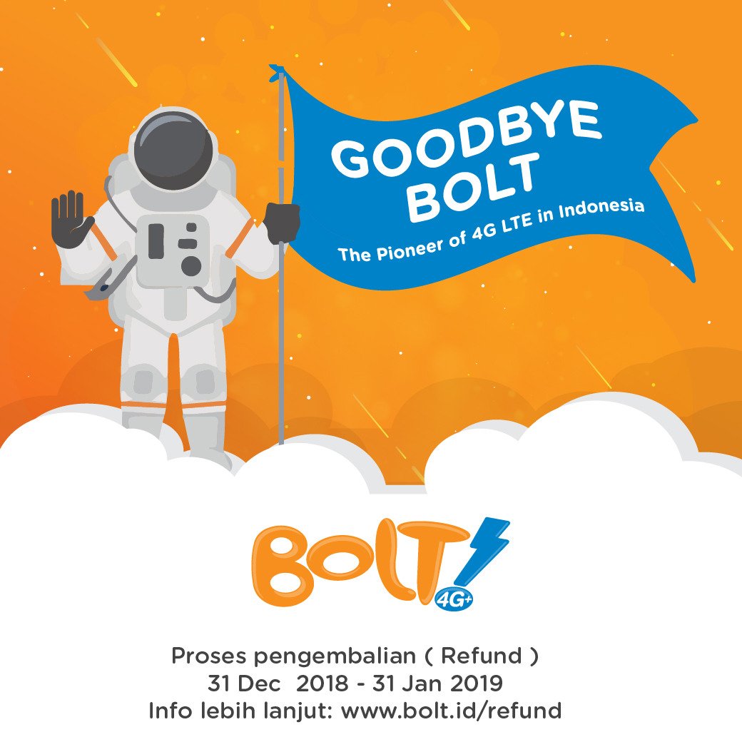 Hi BOLTers, khusus utk Pelanggan BOLT baik prabayar maupun pascabayar yg masih memiliki sisa pulsa dan/atau kuota yg belum terpakai atau memiliki uang muka/deposit, bisa mengajukan refund mulai Senin, 31-12-2018 sampai dg Kamis, 31-01-2019. Info bolt.id/refund