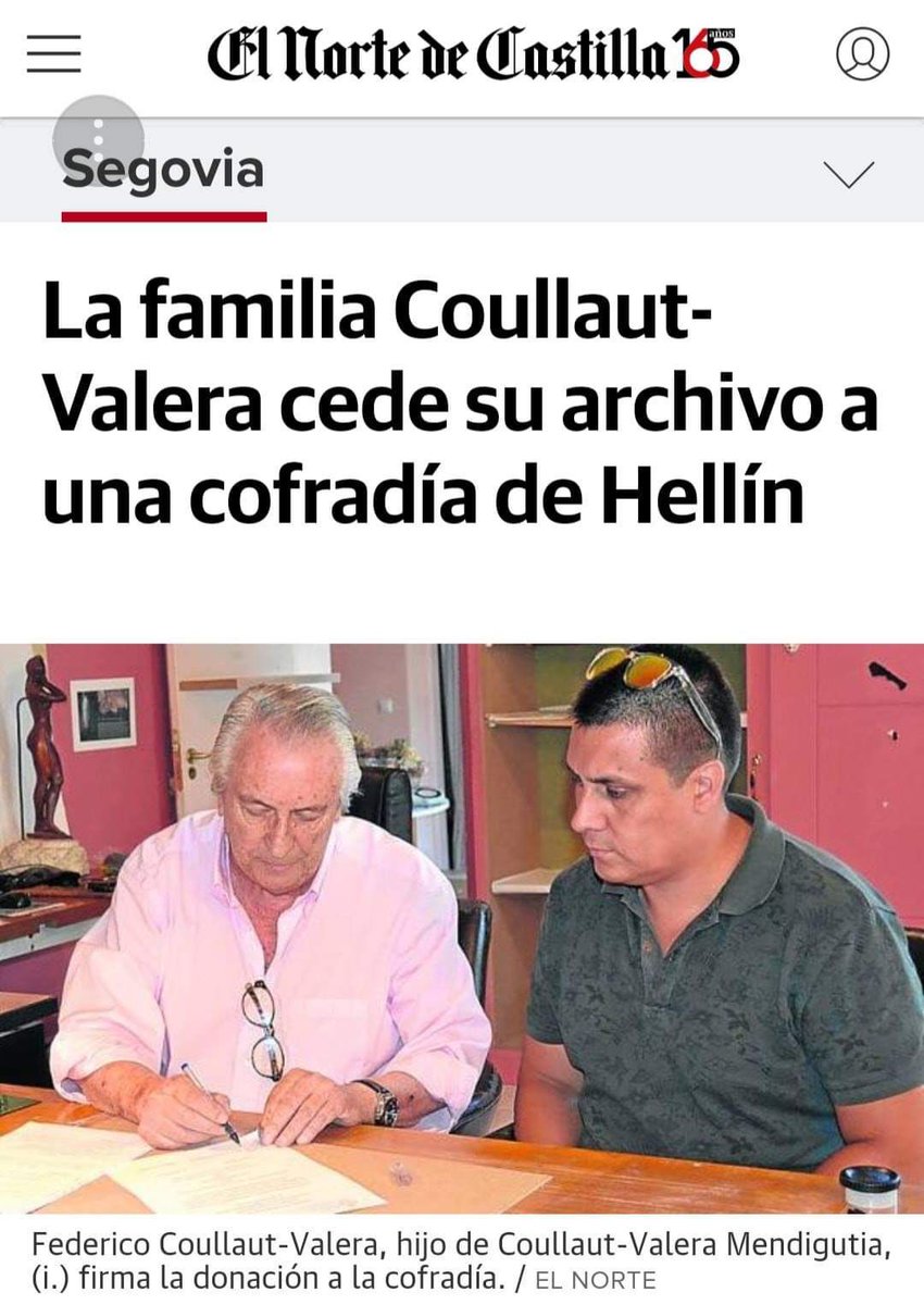 DONACION DEL ARCHIVO COULLAUT VALERA

El periódico "El Norte de Castilla" que se edita en Castilla y León, se hace eco hoy domingo 13 de enero, de la donación que la familia Coullaut Valera hizo de todo su archivo documental a la Real Cofradía El Prendimiento de Hellín.