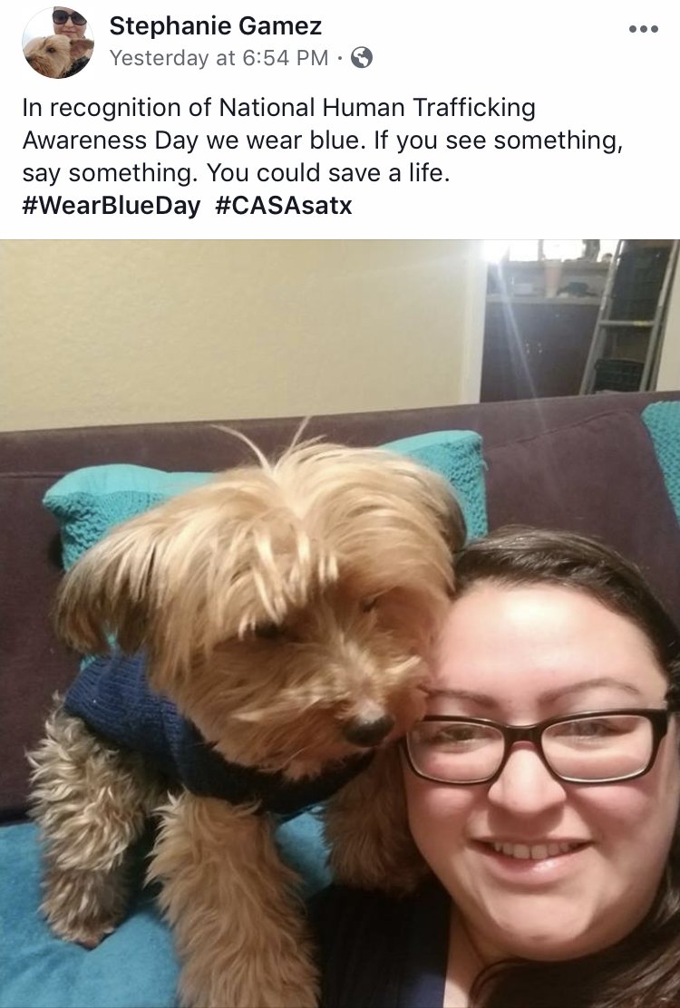 Thank you to everyone who participated in our #WearBlueDay challenge yesterday! Our winner was Stephanie Gamez and her super cute pup. Human trafficking is a huge issue facing many foster children but together, we can bring an end to it. If you see something, say something.
