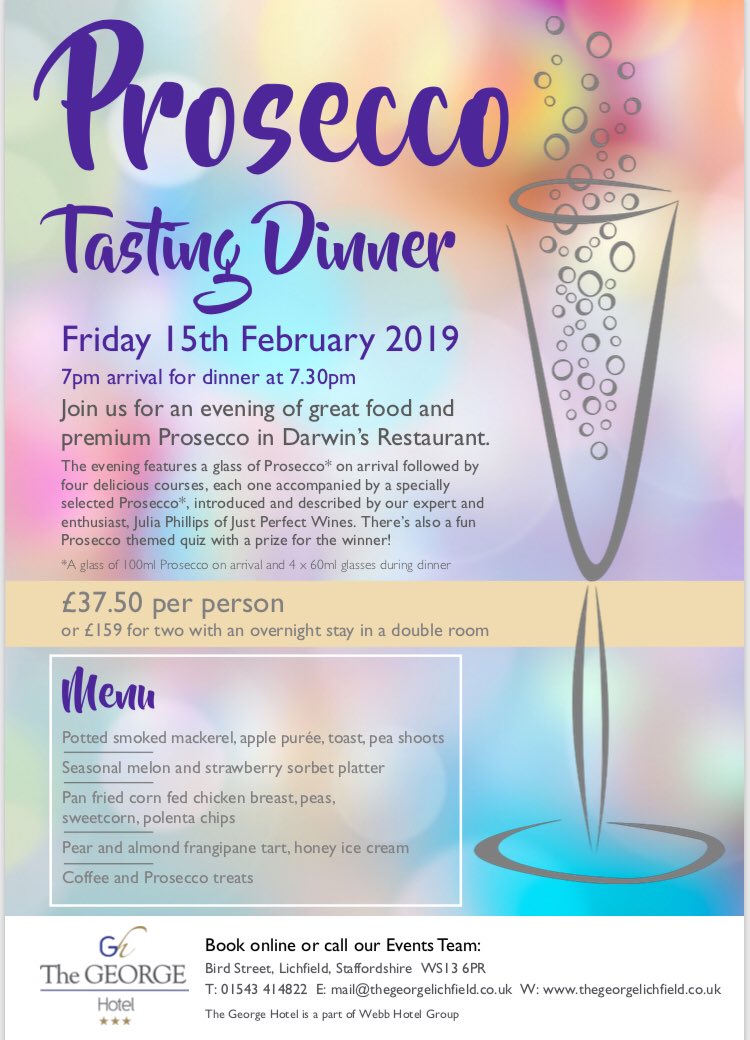 Join us for a hosted Prosecco Tasting Dinner <a href="/TheGeorgeHotel/">The George Hotel</a> #Lichfield 🥂🍾💛 Enjoy fabulous #Prosecco and wonderful paired food whilst learning a few facts about the wonderful world of Prosecco. For bookings please contact the hotel directly.  🥂🍾💛